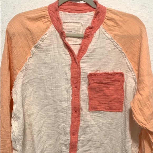 Aerie Orange Cream Pink Colorblock Oversized Long Sleeve Button Down Shirt - Picture 2 of 9